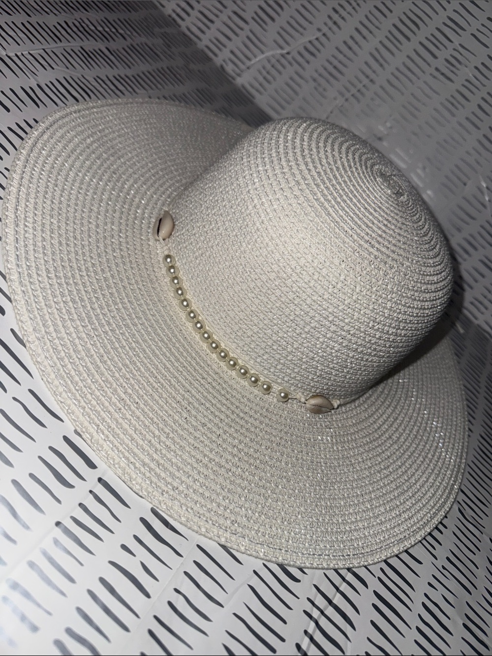 Women’s Straw Sun Hat with Pearl & Shell Trim - White